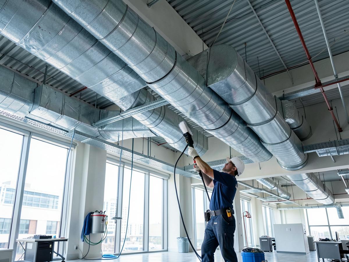 Technician cleaning large commercial HVAC ductwork in a Richmond office building