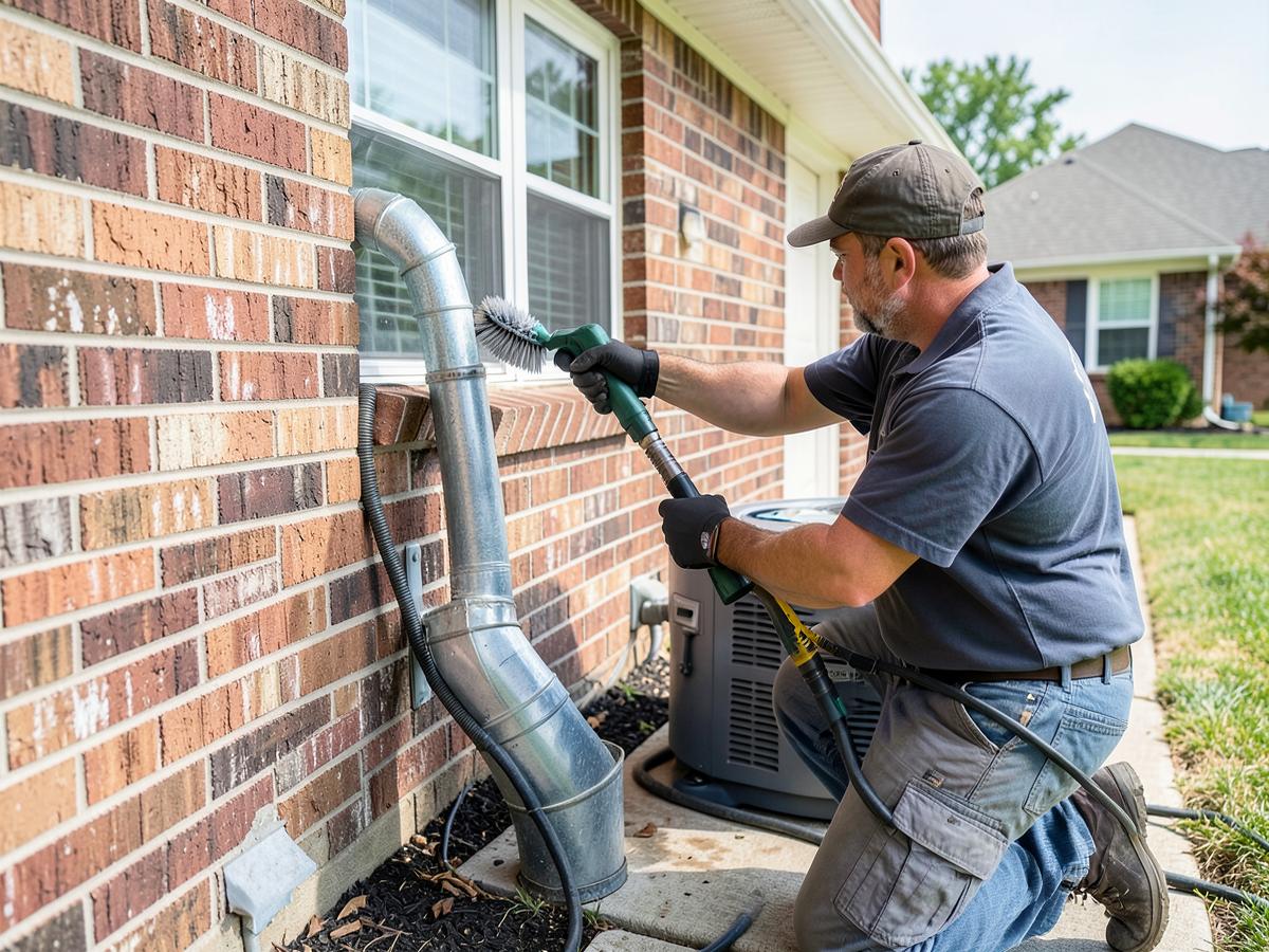 Technician brushing lint from a dryer vent duct on the exterior wall of a Richmond area home