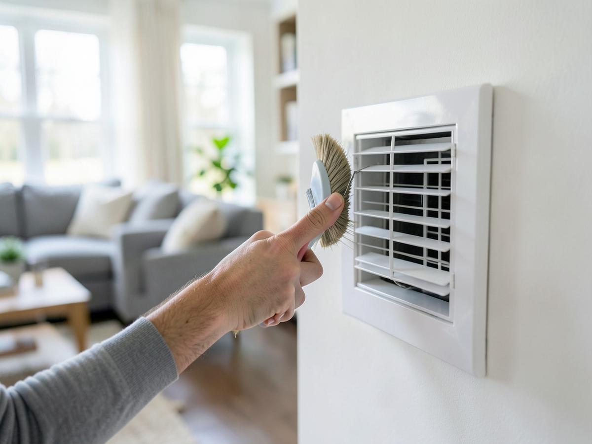 Close-up of a technician cleaning a home vent register in Richmond, Virginia